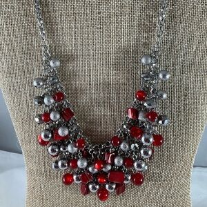 Mixit Necklace with Multi Rows of Red Silver Gray Beads on a Chain Adjustable